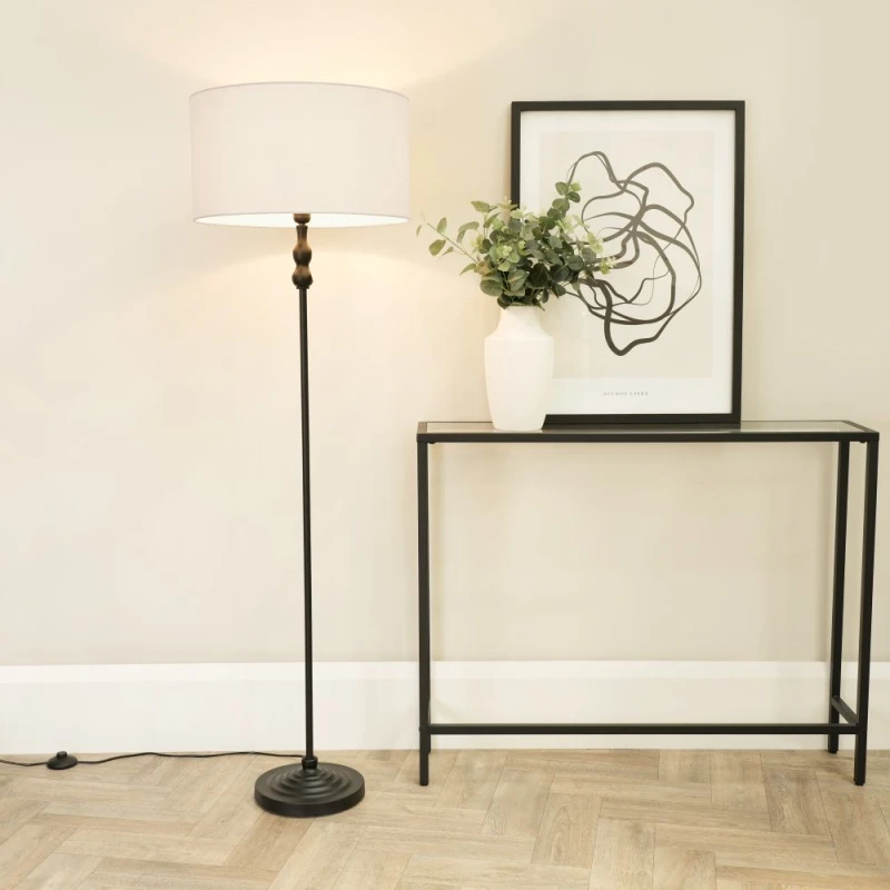 Image of ValueLights Maggie Black Metal Candlestick Floor Lamp with Fabric Lamp Shade White