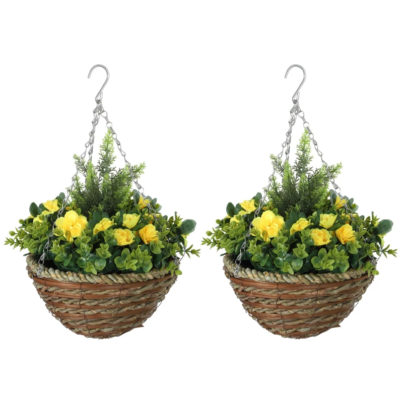 Image of Outsunny 2 PCs Artificial Lisianthus Flower Hanging Planter Basket - Yellow TJ Hughes 5061025112197
