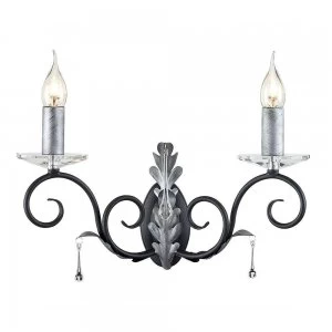 Image of 2 Light Indoor Candle Wall Light Black Floral Leaves Design, E14