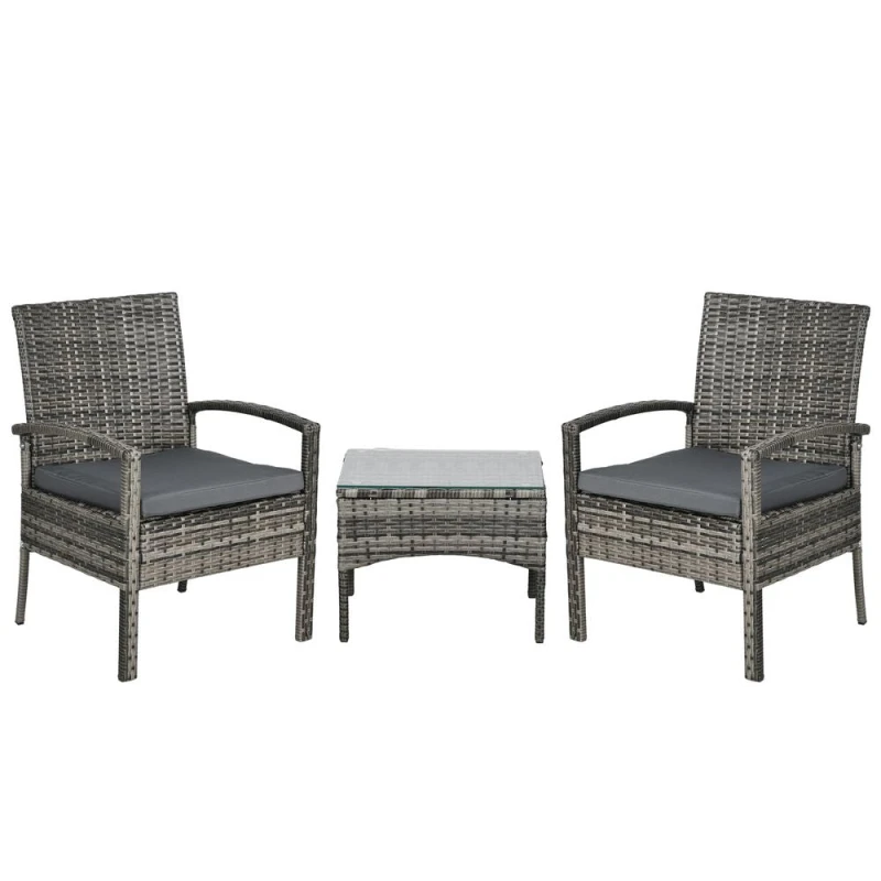 Image of Outsunny 3PC Garden Rattan Bistro Set Balcony Dining Table 2 Seater Chair Grey