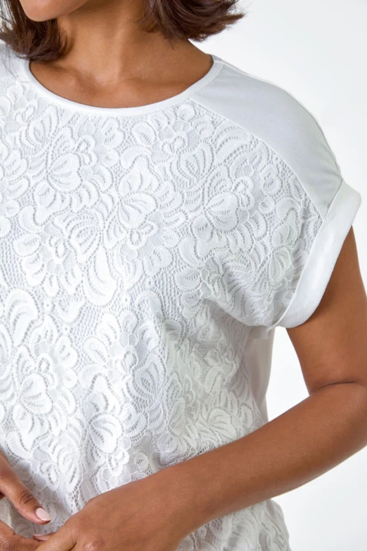 Image of Roman Womens Lace Panel Stretch Jersey Top in Ivory Size: 20 Ivory Female 20