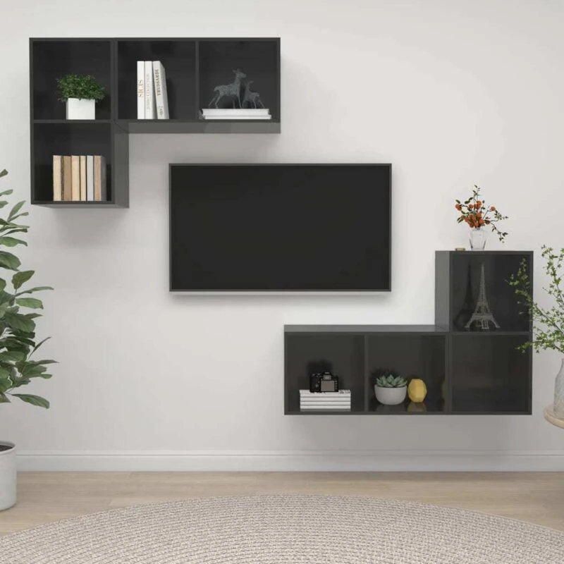Image of VIDAXL Wall-mounted tv Cabinets 4 pcs High Gloss Grey Engineered Wood Vidaxl 8720286591468