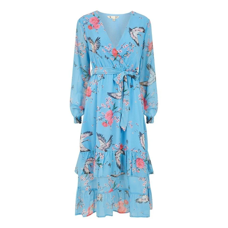 Image of Yumi Yumi Blue Crane Print Wrap Midi Dress Blue 8