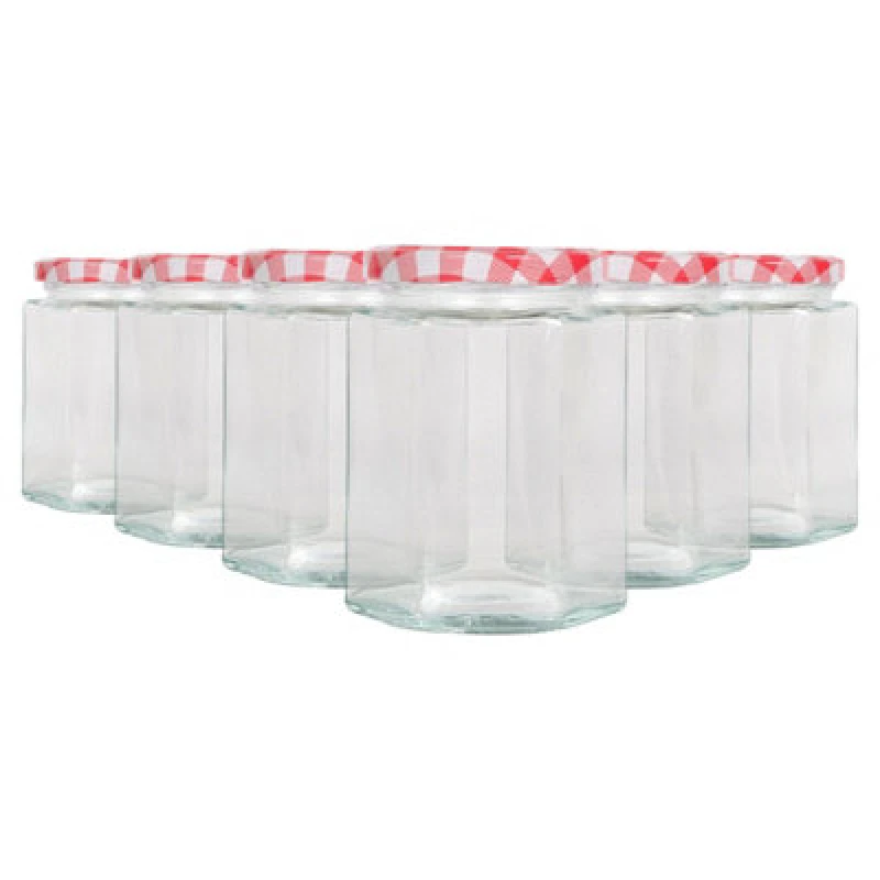 Image of Argon Tableware Hexagonal Glass Jam Jars With Red Gingham Lids - 250ml - Pack Of 6