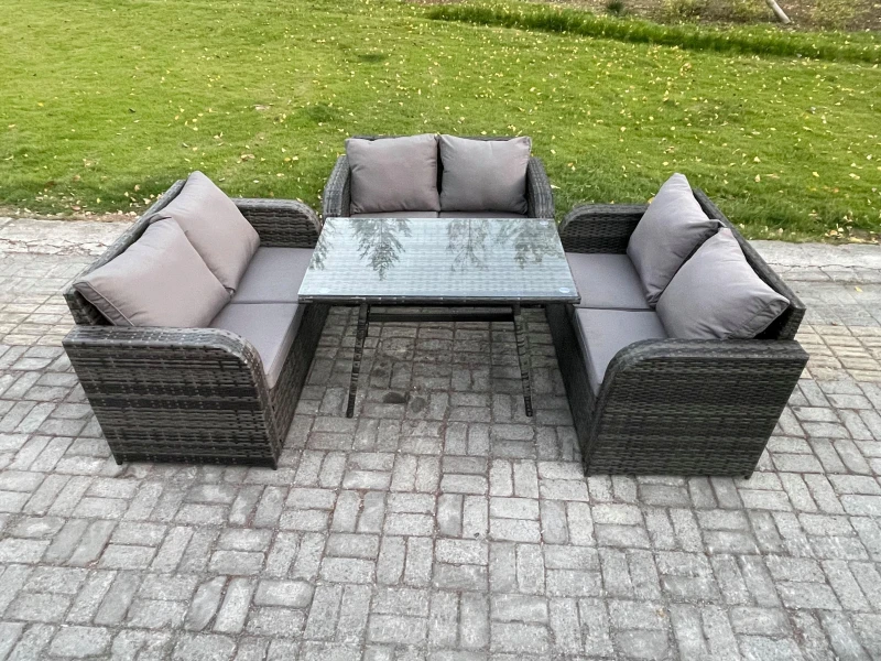 Image of Fimous Rattan Garden Furniture Set 6 Seater Patio Outdoor Love Sofa Set with Rectangular Dining Table Dark Grey Mixed Dark Grey