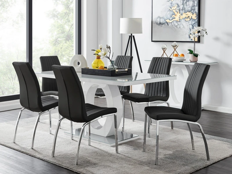Image of FurnitureboxUK FurnitureboxUK Giovani 6-Seater Grey Glass Dining Table and 6 Isco Faux Leather Dining Chairs in Black One Size Unisex 5056542650