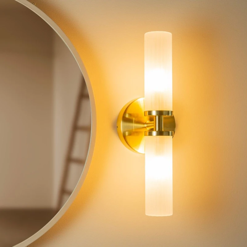 Image of ValueLights ValueLights Canya Pair of Gold IP44 2 Way Frosted Reeded Glass Wall Lights with LED Bulbs Gold One Size Unisex 5059406041242