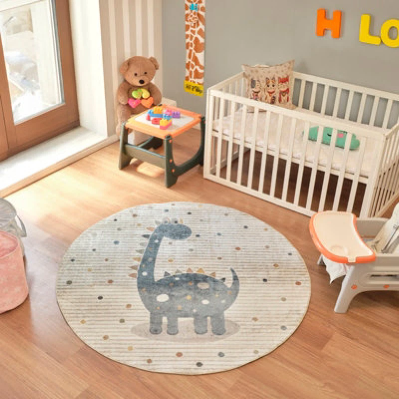 Image of Livabliss Round Kids Machine Washable Beige/grey Bedroom Dino Area Rug 160 X 160 Cm - Easy Care, Soft & Safe Rug For Kids Spaces