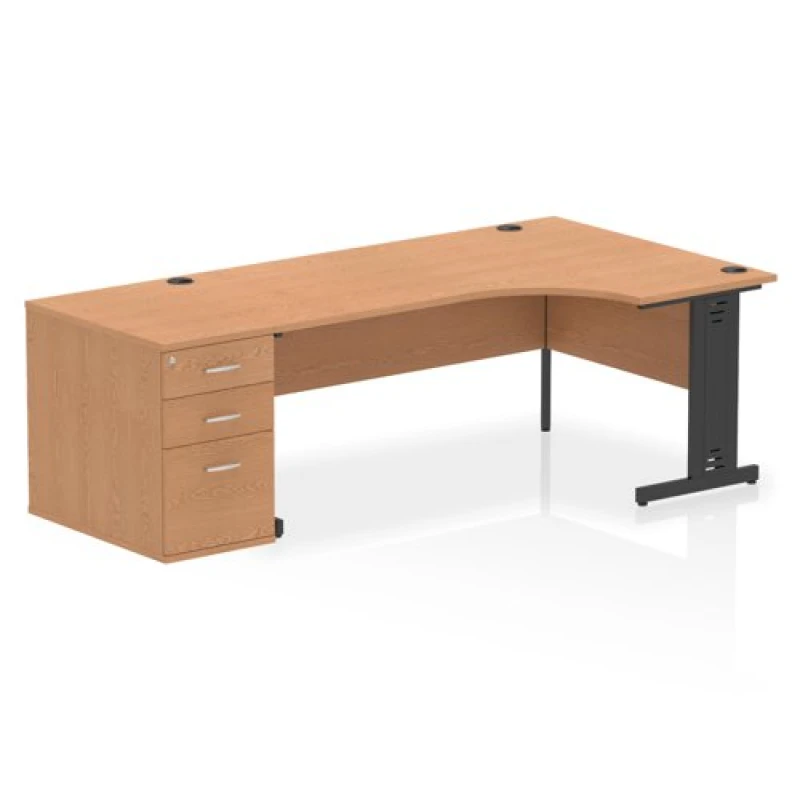 Image of Impulse Impulse 1800mm Right Crescent Office Desk Oak Top Black Cable Managed Leg Workstation 800 Deep Desk High Pedestal IWSRC188BCMOAK