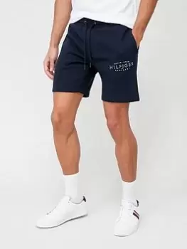 Image of Tommy Hilfiger Curved Logo Sweat Shorts - Navy, Size S, Men