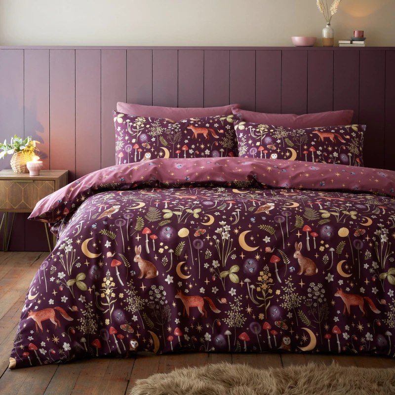 Image of Catherine Lansfield Catherine Lansfield 'Enchanted Twilight Animals' Reversible Duvet Cover Set in Plum Size: King Plum King Unisex 5057681163239