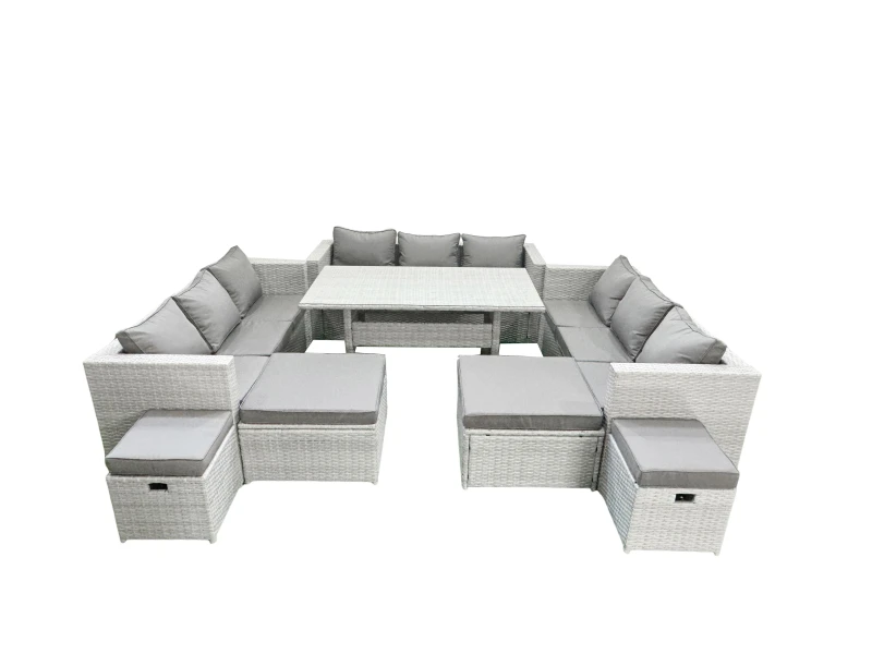 Image of Fimous Rattan Garden Furniture Dining Set 13 Seater Lounge Sofa Dining Table Set with 4 Footstools Light Grey Mixed Light Grey