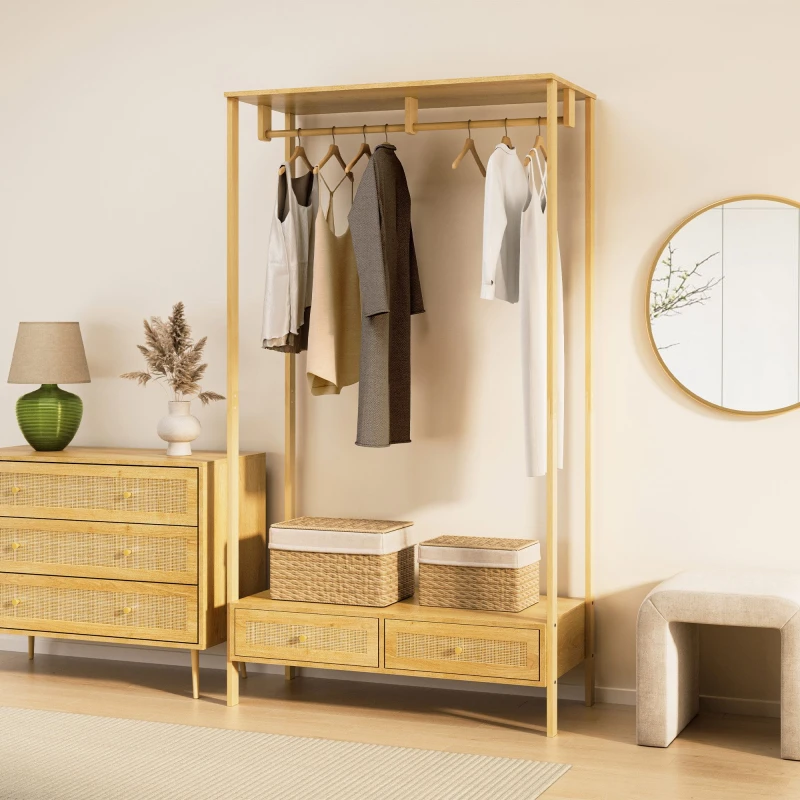 Image of Vonhaus Clothes Rail For Bedroom, Scandi Style Natural Rattan 2 Drawer Organiser, Open Wardrobe Coat Stand, Living Room Storage