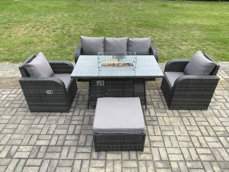 Image of Fimous Patio Outdoor Rattan Garden Furniture Set Propane Gas Fire Pit Table Burner with Lounge Sofa Footstool Dark Grey