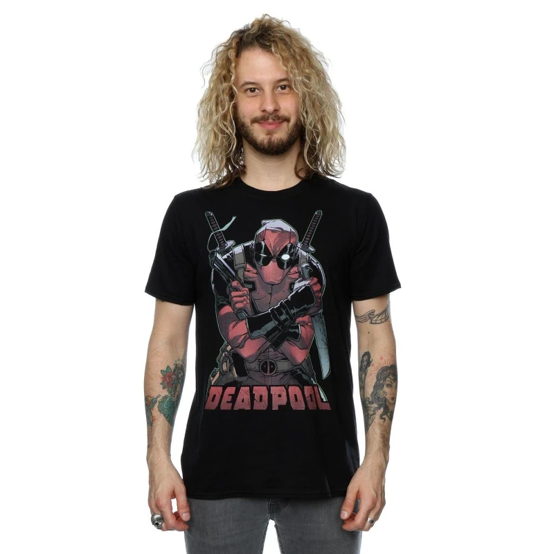 Image of Marvel Marvel Men Deadpool Ready For Action T-Shirt in Black Size: Small Black S Male 5057068042263