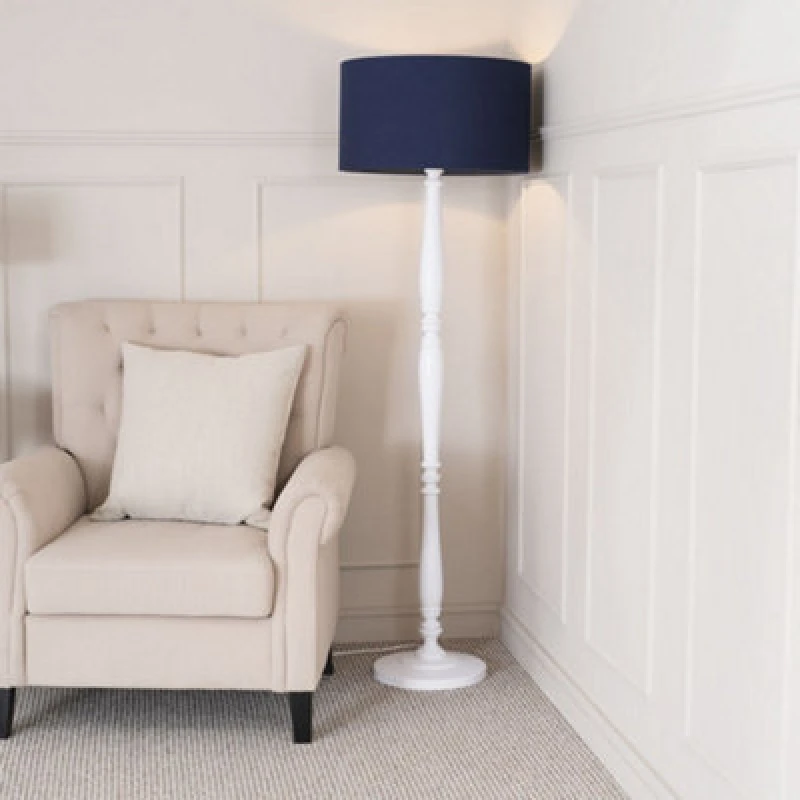 Image of ValueLights Victoria White Wood Traditional Floor Lamp with Fabric Drum Shade and LED Bulb Navy