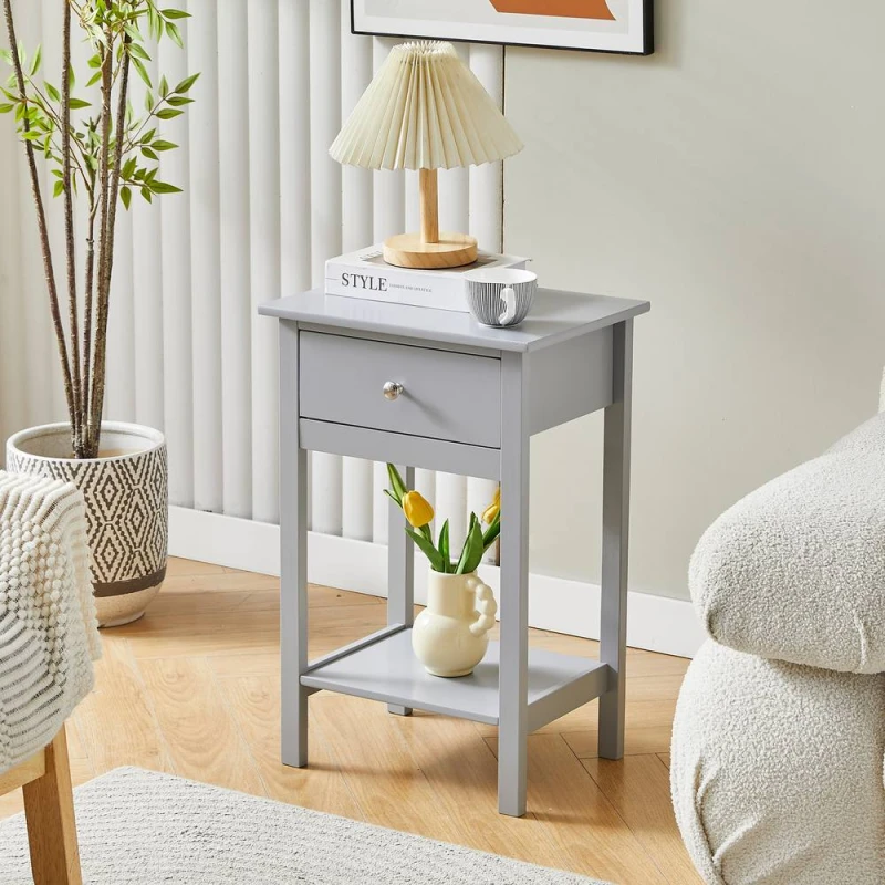 Image of MCC Direct Set of 2 Solid Wooden Bedside Table with Open Shelf & Drawer Arlo in Grey Grey Unisex