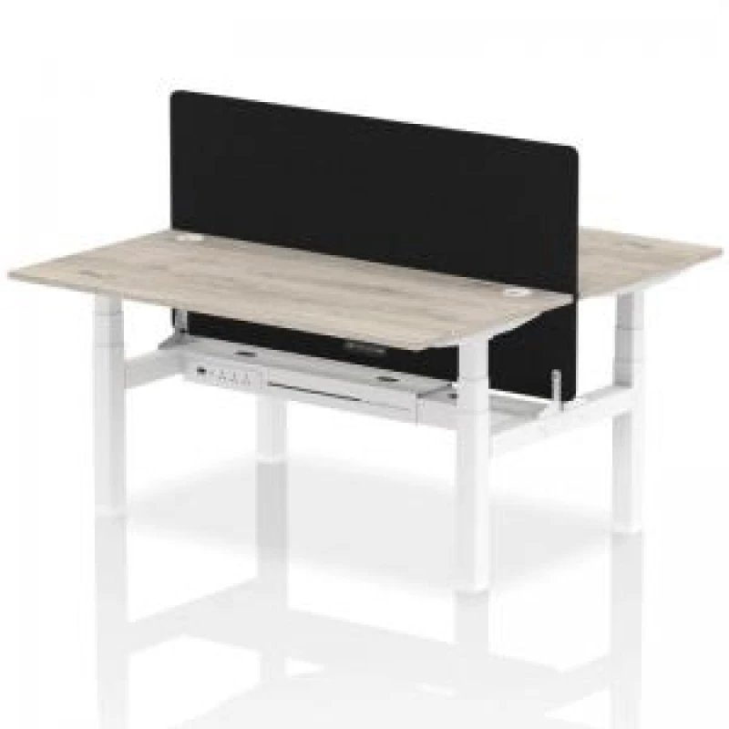 Image of Air Back - to - Back 1600 x 800mm Height Adjustable 2 Person Bench Office Desk Grey Oak Top - Cable Ports White Frame - Black Straight Screen
