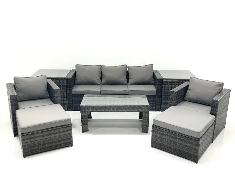 Image of Fimous 7 Seater Rattan Garden Furniture Set Outdoor Lounger Sofa with Coffee Table 2 Armchair 2 Big Footstools 2 Side Tables Dark Grey Mixed Dark Grey