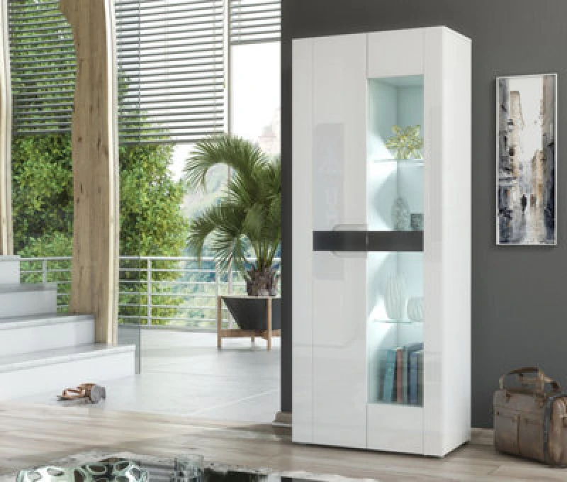 Image of Furneo White 2-Door Display Cabinet Cupboard Matt & High Gloss Milano 08 White LED Lights