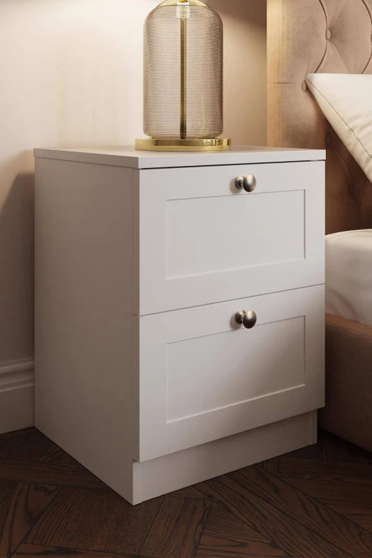 Image of FWStyle White Panelled 2 Drawer Bedside Chest (H) 55cm (W) 40cm (D) 40cm Extra Deep Drawers White Unisex