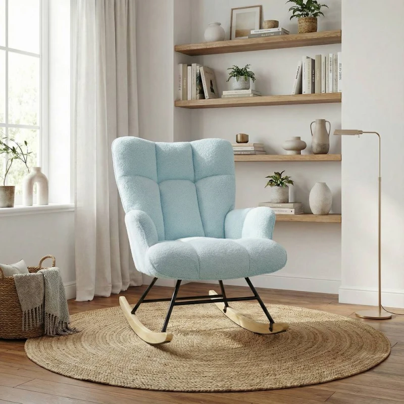 Image of Alivio Comfortable Teddy Rocking Arm Chair for Nursery Bedroom Balcony in Blue Blue Unisex