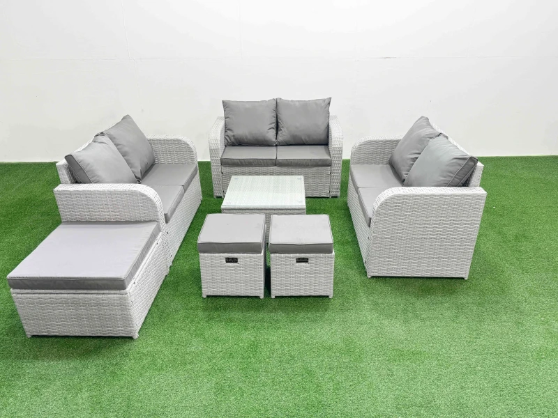 Image of Fimous 9 Seater PE Wicker Rattan Furniture Sofa Sets with Square Coffee Table 2 Seater Love Sofa 3 Stool Light Grey Light Grey