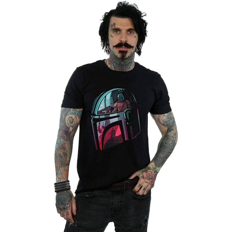 Image of Star Wars Star Wars Men Mandalore Helmet Reflection T-Shirt in Black Size: Small Black S Male 5059958515468