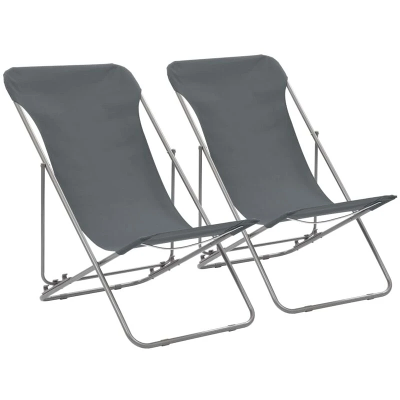 Image of vidaXL 2x Folding Beach Chair Grey Steel and Oxford Fabric Pool Camping Seat