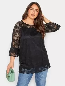 Image of Yours Bell Sleeve Blouse Floral Lace, Black, Size 26-28, Women