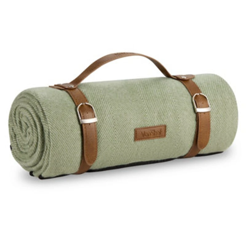 Image of Vonshef Picnic Blanket, Green Herringbone Weatherproof Picnic Rug, W/ Faux Leather Carry Handle, Blanket & Travel Mat, 180 X 147Cm