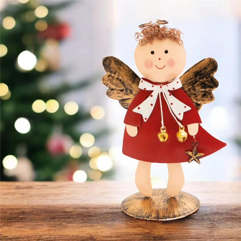 Image of St Helens Standing Metal Christmas Angel Ornament Decoration with Wings Halo & Star Bells - Red ELV-980706