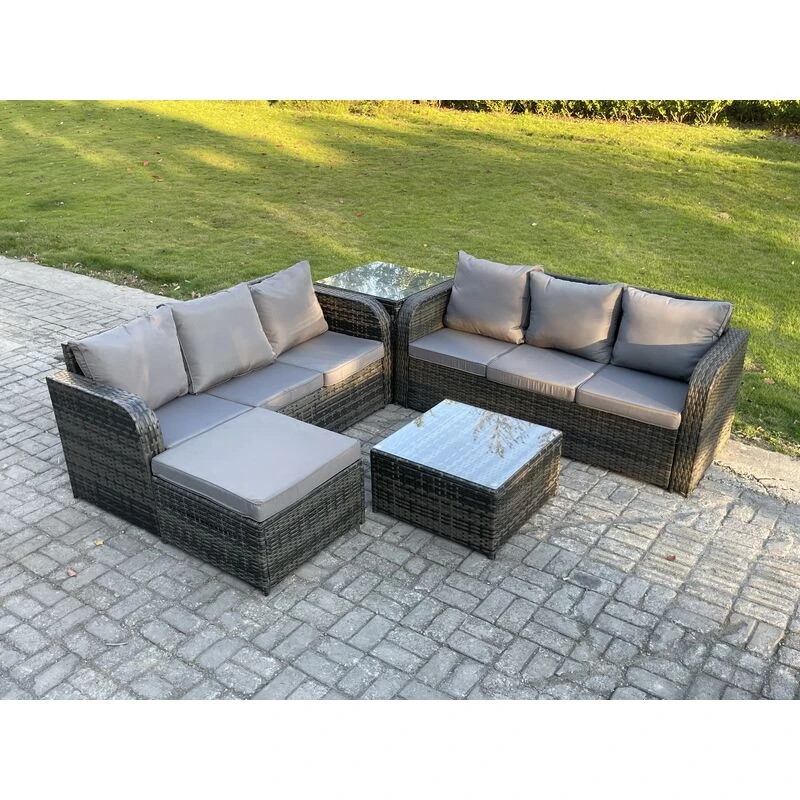 Image of Fimous Indoor Outdoor Rattan Garden Furniture 7 Seater Set Table Sofa Chair Patio Conservatory with Grey Cushions Big Footstool Side Table Dark Grey