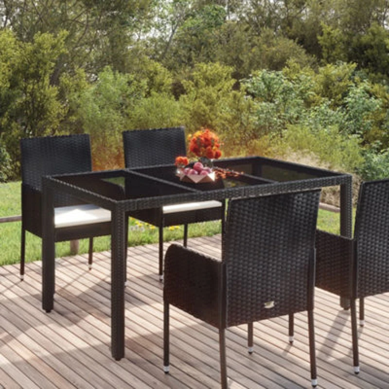 Image of vidaXL Garden Table with Glass Top Black 150x90x75cm Poly Rattan, Black 319899