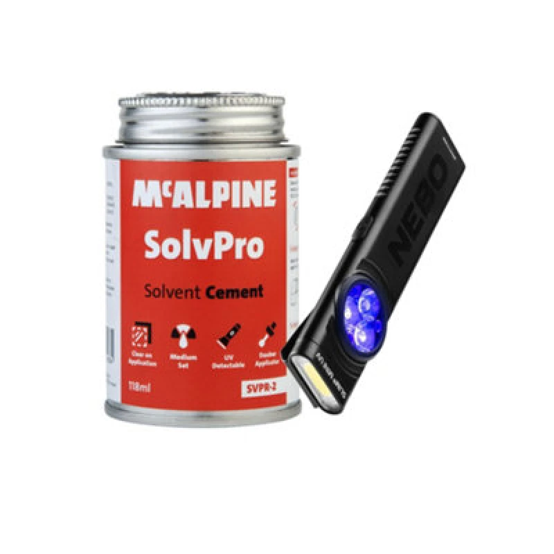 Image of McAlpine Solvpro Solvent Cement (118 Ml) + Nebo Slim Mini Uv Torch