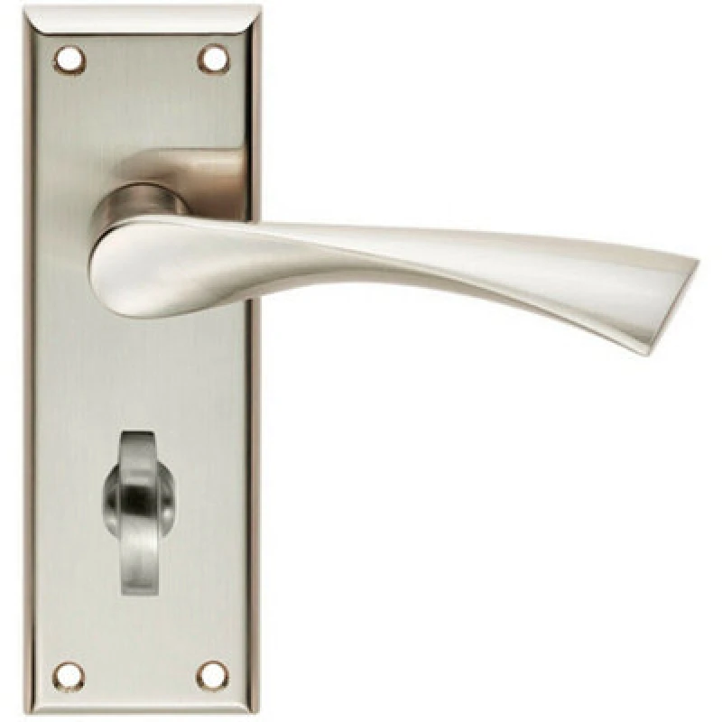Image of Loops PAIR Angular Lever on Bathroom Backplate Door Handle 150 x 50mm Satin Nickel Metallics