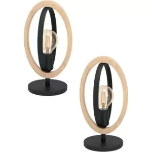 Image of 2 PACK Table Lamp Desk Light Black Steel & Wood Ring Loop Shade 1x 40W E27