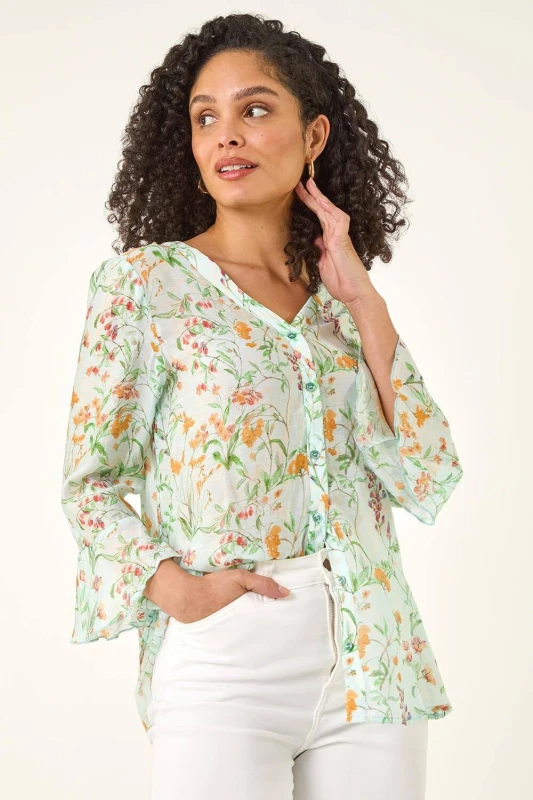 Image of Roman Womens Floral Flare Sleeve Buttoned Blouse in Light Blue Size: 14 Light Blue Female 14