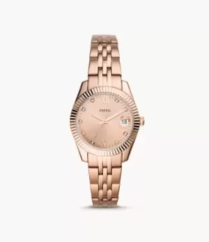 Image of Fossil Women Scarlette Mini Three-Hand Date Rose Gold-Tone Stainless Steel Watch