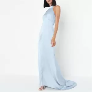 Image of Missguided Halterneck Train Hem Satin Maxi Dress - Blue