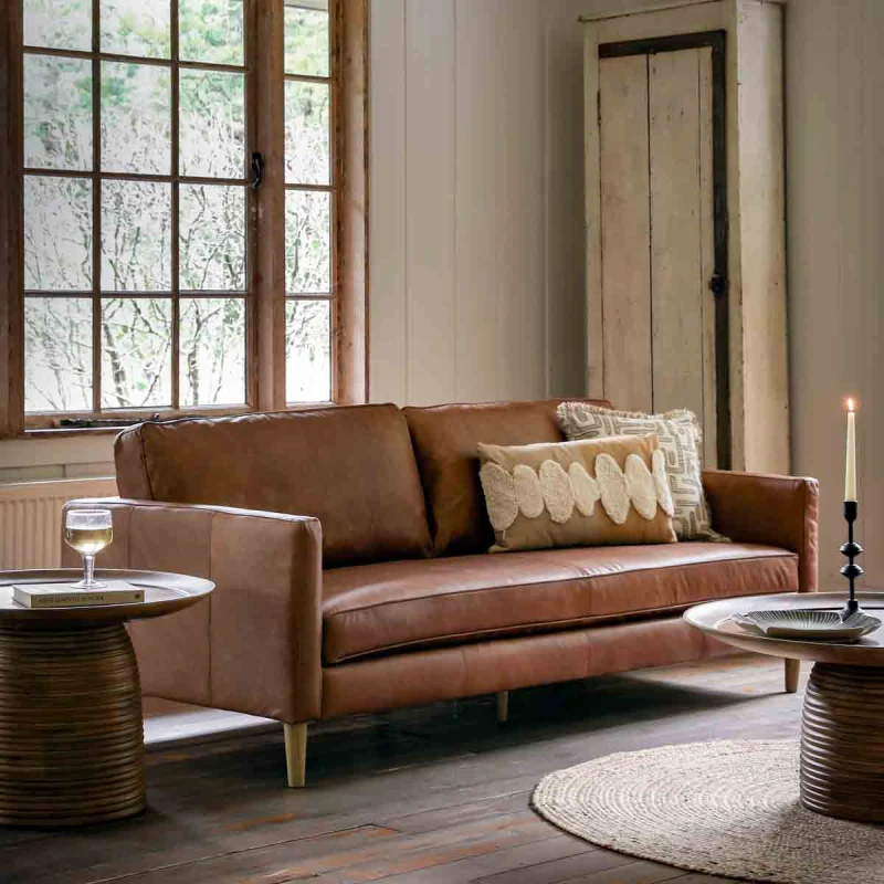 Image of Groton Mid-century 3 Seater Vintage Leather Sofa with Solid Wood Legs