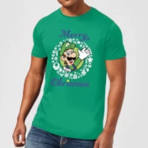 Image of Nintendo Super Mario Luigi White Wreath Merry Christmas Green T-Shirt - S - Green
