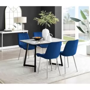 Image of Furniture Box Carson White Marble Effect Dining Table and 4 Navy Pesaro Silver Chairs