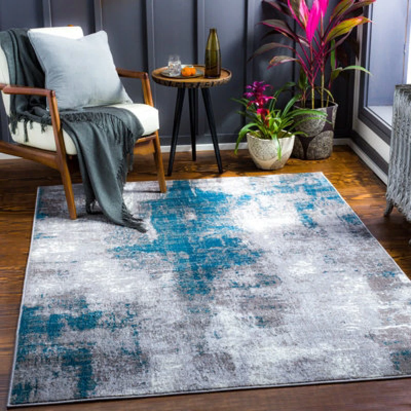 Image of Livabliss Abstract Modern Marble Teal Giulia Area Rug 140 X 200 Cm - Easy Care, Non Shedding, Ideal For Living Room & Bedroom