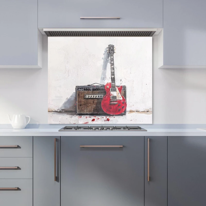 Image of Warren Reed - Designer Red Guitar: Echoes of Rock Kitchen Splashback in Purple Size: 600mm x 750mm Purple Unisex 600mm x 750mm