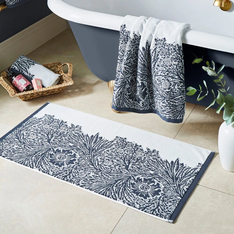 Image of William Morris At Home Marigold Bath Mat 50cm x 90cm Prussian Blue
