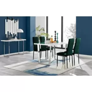 Image of Furniturebox Kylo White High Gloss Dining Table & 4 Green Velvet Milan Dining Chairs With Black Legs