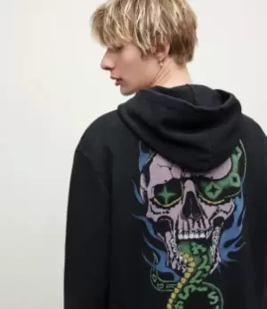 Image of AllSaints Mens Adder Pullover Hoodie, Black/Blue/Green, Size: M