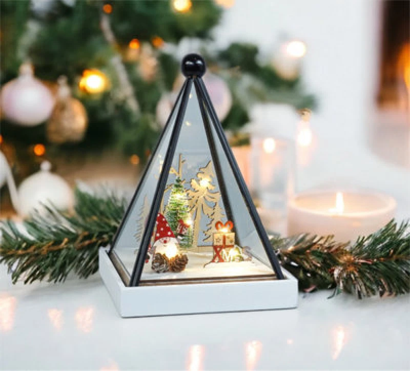 Image of Xmas Haus Festive Triangle Hurricane Glass Christmas Light Up Gonk Scene Pyramid Decoration Battery Operated ELV-712894