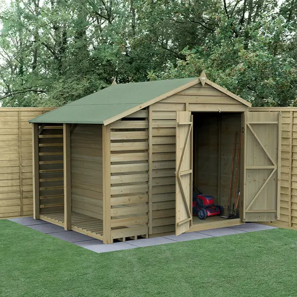 Image of 8' x 6' Forest 4Life 25yr Guarantee Overlap Pressure Treated Windowless Double Door Apex Wooden Shed with Lean To (2.42m x 2.65m)